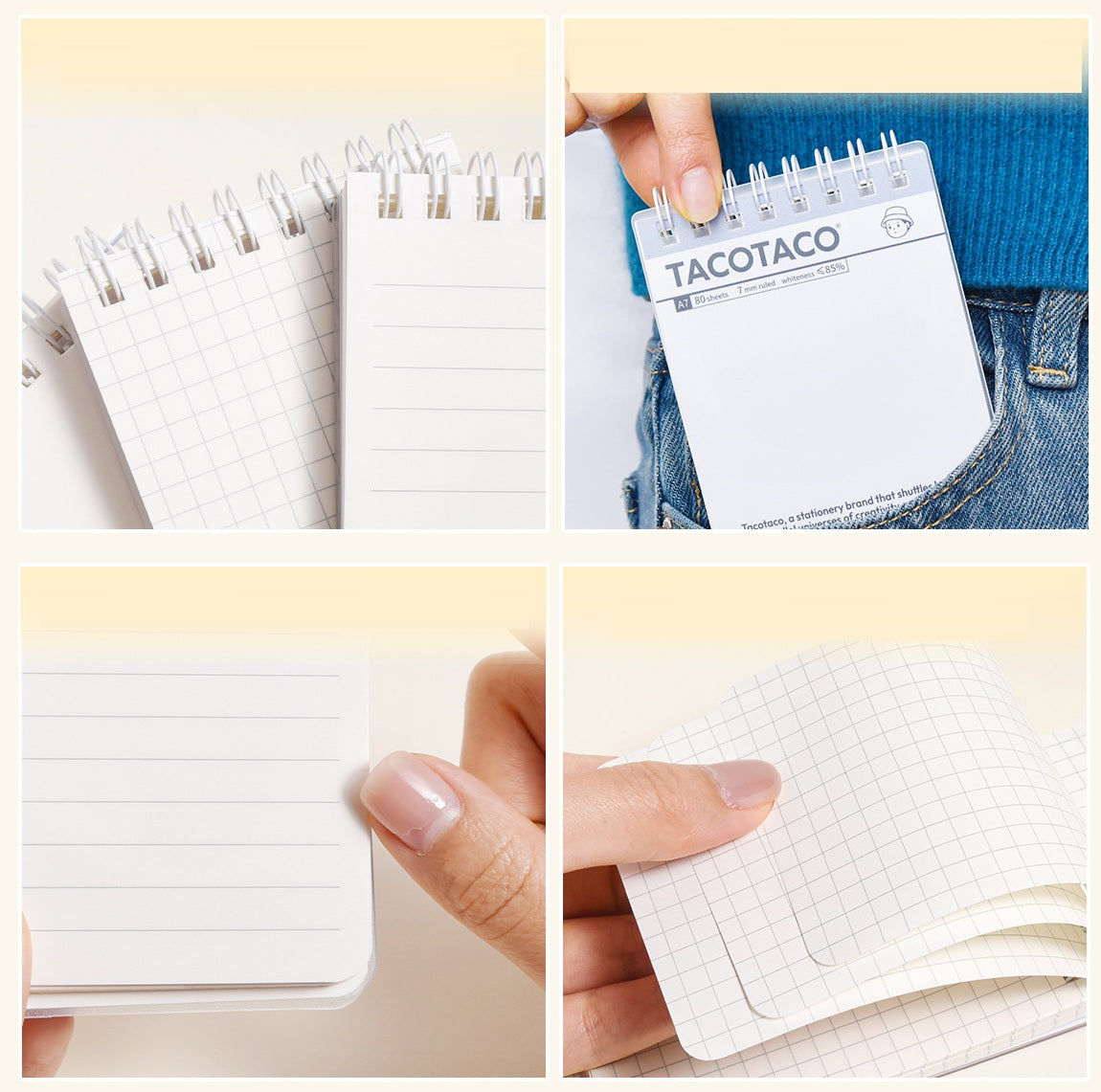 TACOTACO Pocket Spiral Notebook 6-Pack – A7 Mini Notepad | Waterproof Cover | Ruled ×2 + Grid ×2 + Blank ×2 | 74 × 105mm | Pocket Journal & Field Notes