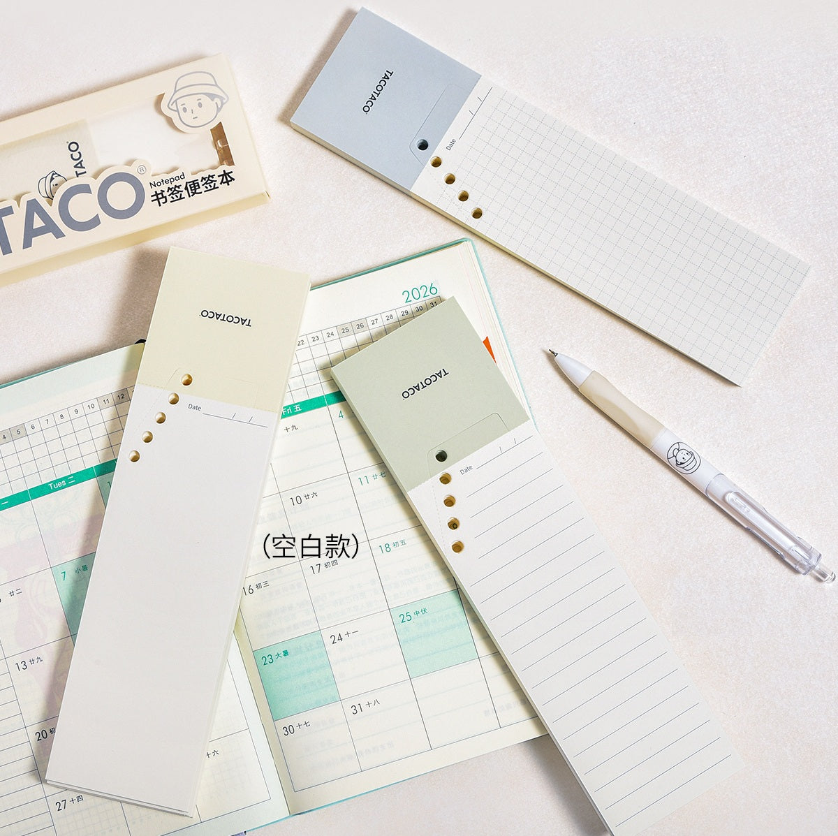 TACOTACO Bookmark Notepad 3-Pack – 2-in-1 Bookmark & Notepad with Ring Binding | 80 Sheets Each | 225 × 60mm | Ruled + Grid + Blank