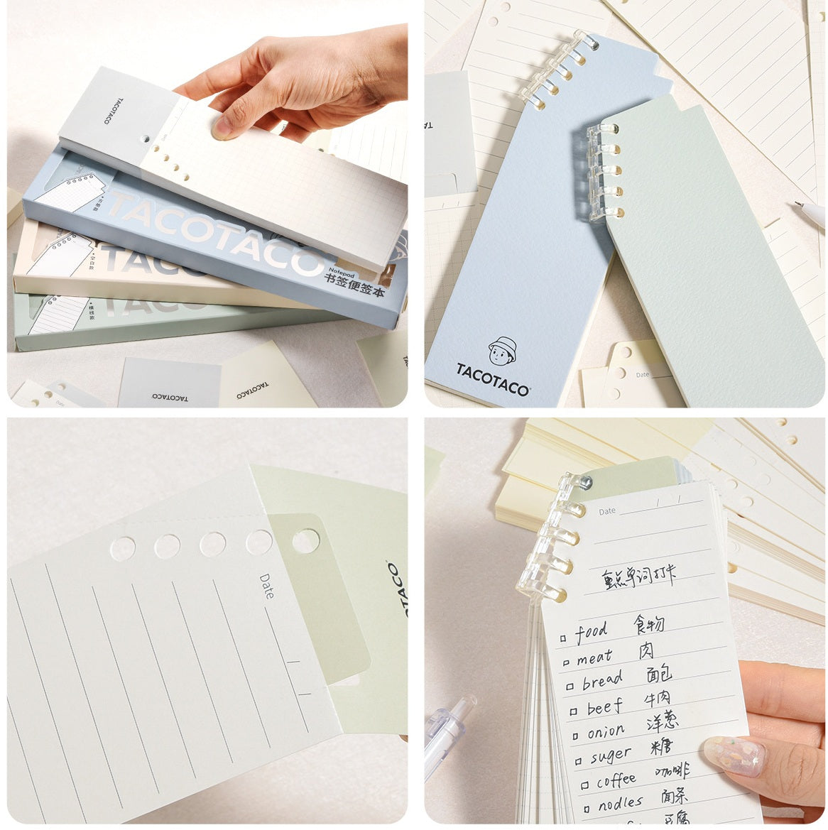 TACOTACO Bookmark Notepad 3-Pack – 2-in-1 Bookmark & Notepad with Ring Binding | 80 Sheets Each | 225 × 60mm | Ruled + Grid + Blank