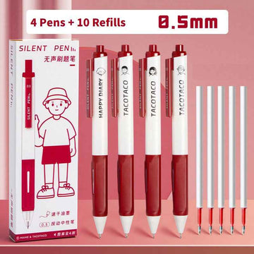 TACOTACO Silent Click Gel Pens 4 Pack with 10 Refills Red Ink