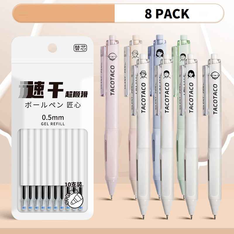 TACOTACO Silent Click Gel Pen 8 Pack with 10 Refills,0.5 mm Black Ink White + Morandi