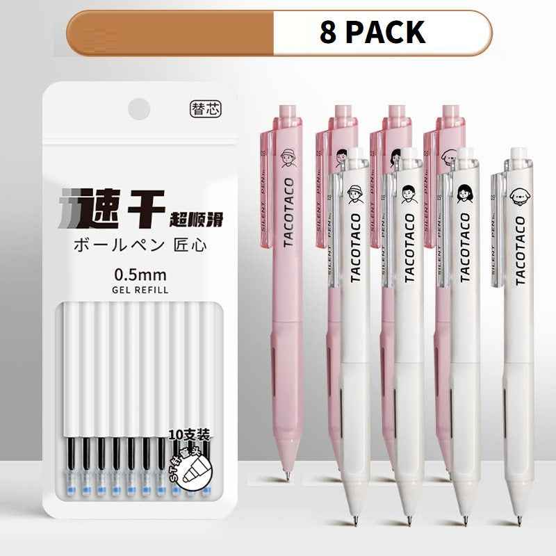TACOTACO Silent Click Gel Pen 8 Pack with 10 Refills,0.5 mm Black Ink White + Pink