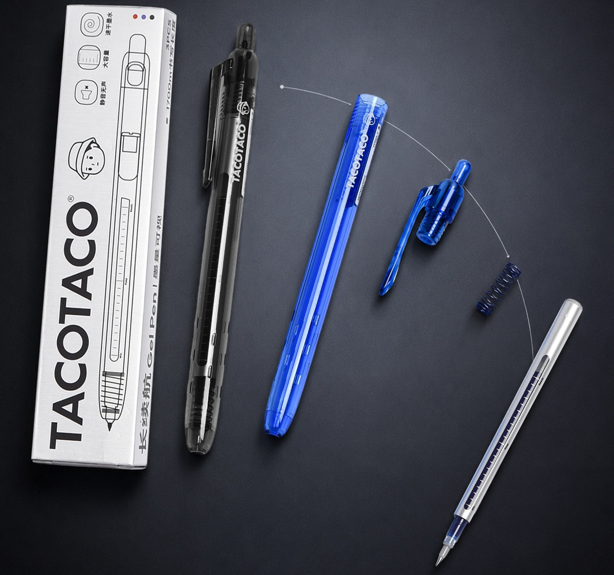 TACOTACO Silent Click ST Gel Pen 6-Pack – 0.5mm Long-Lasting Ink | Quiet Retractable Click | Black / Red / Blue | Exam & High-Volume Study Writing Pen
