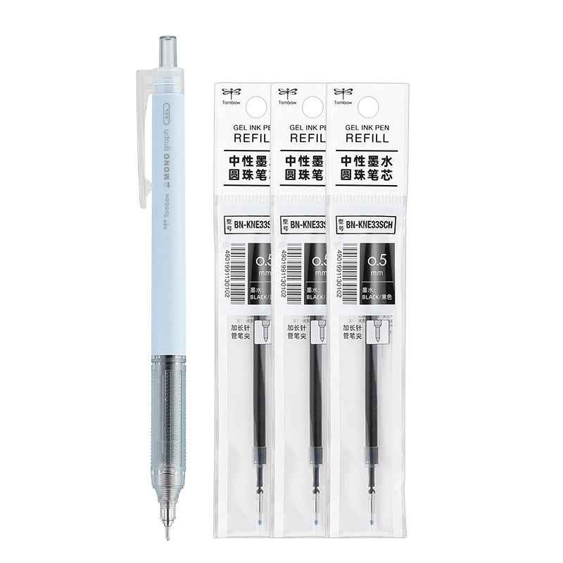 Tombow MONO Graph Lite Gel Ink Pen 0.5mm Black Ink with 3 Refills Light Blue