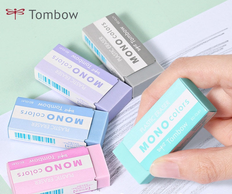 Tombow MONO Colors Plastic Eraser Set – 5 Colors (Blue/Green/Gray/Pink/Purple)