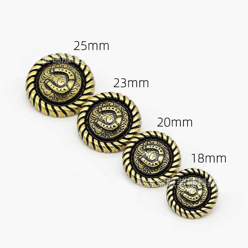 Horseshoe relief metal shank buttons; 25/23/20/18mm marked; antique gold