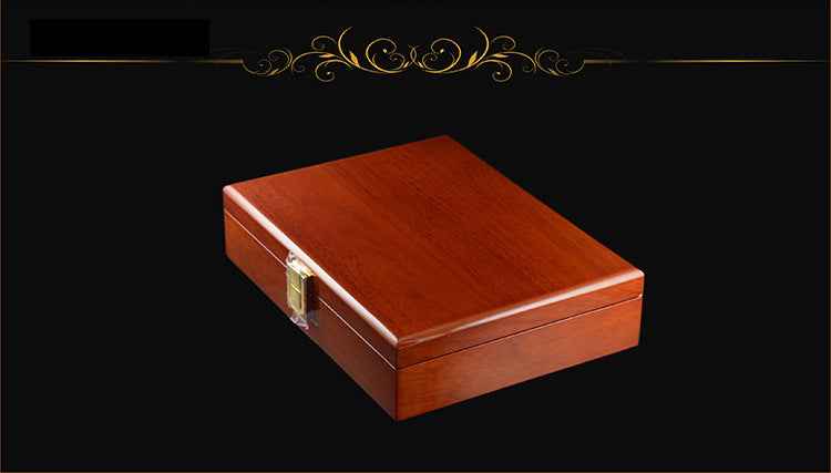 Open wooden cufflink display box with beige trays, showcasing colorful cufflinks
