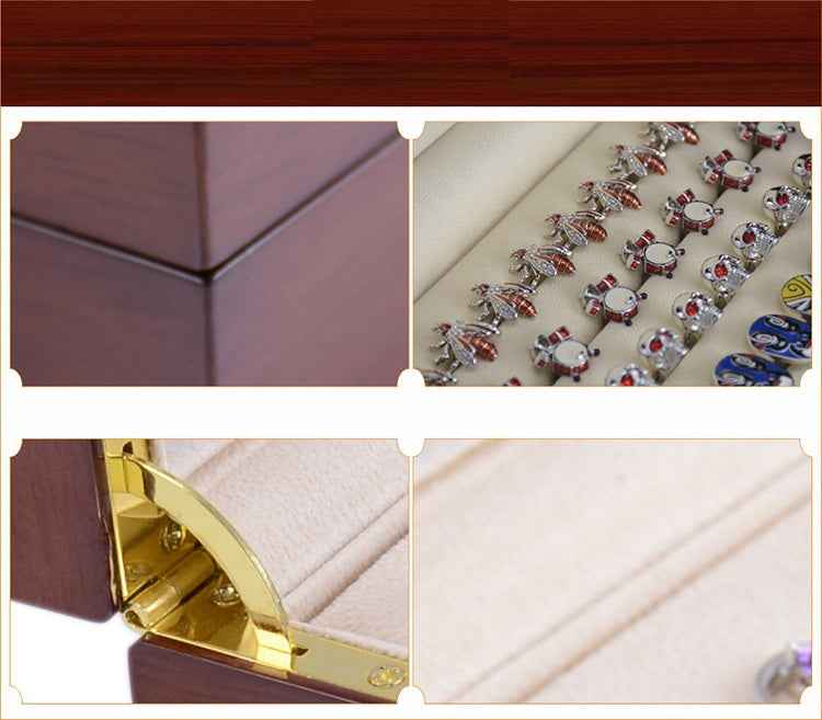 Close-up of gold hinge and clasp with beige-lined interior in wooden cufflink box
