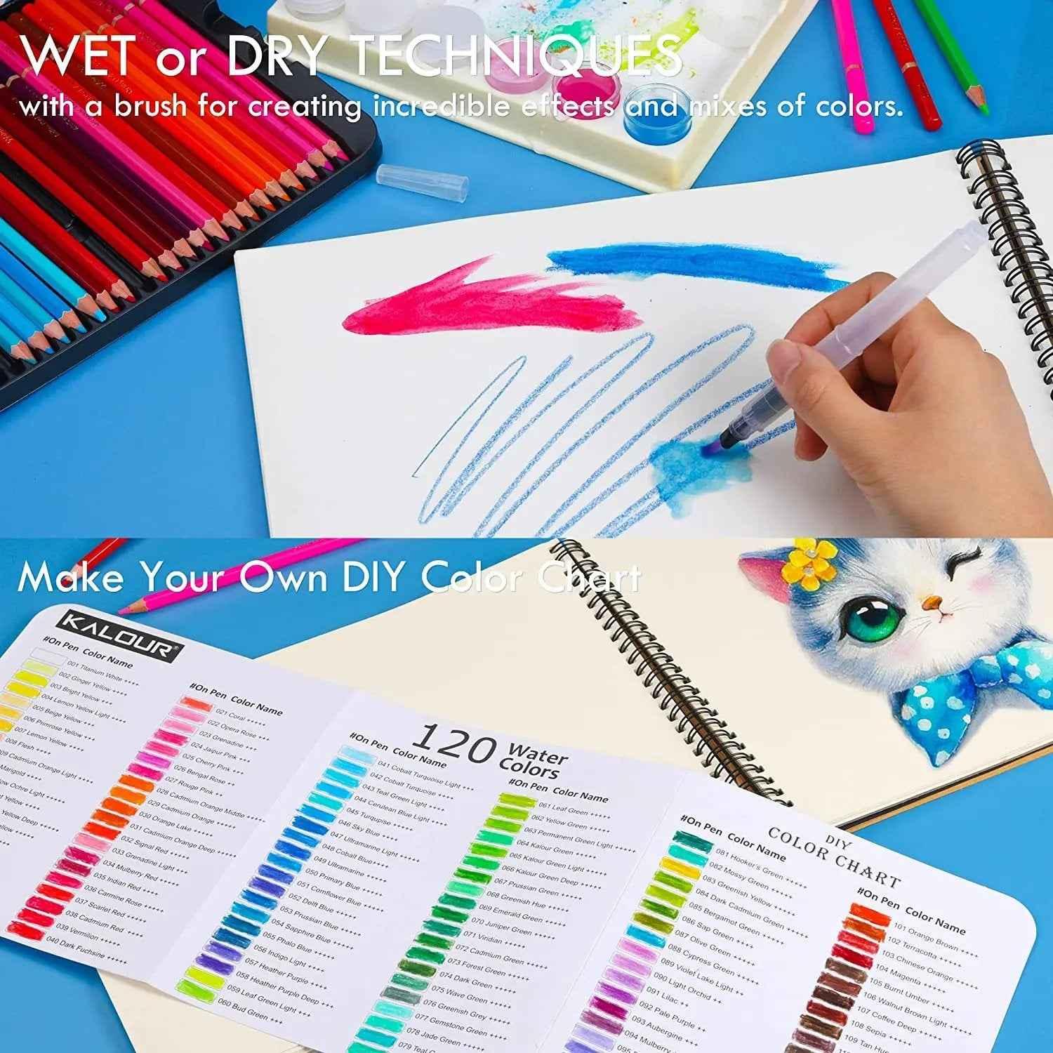 KALOUR 120 Premium Wet Dry Watercolor Pencils Set with 2 Brush