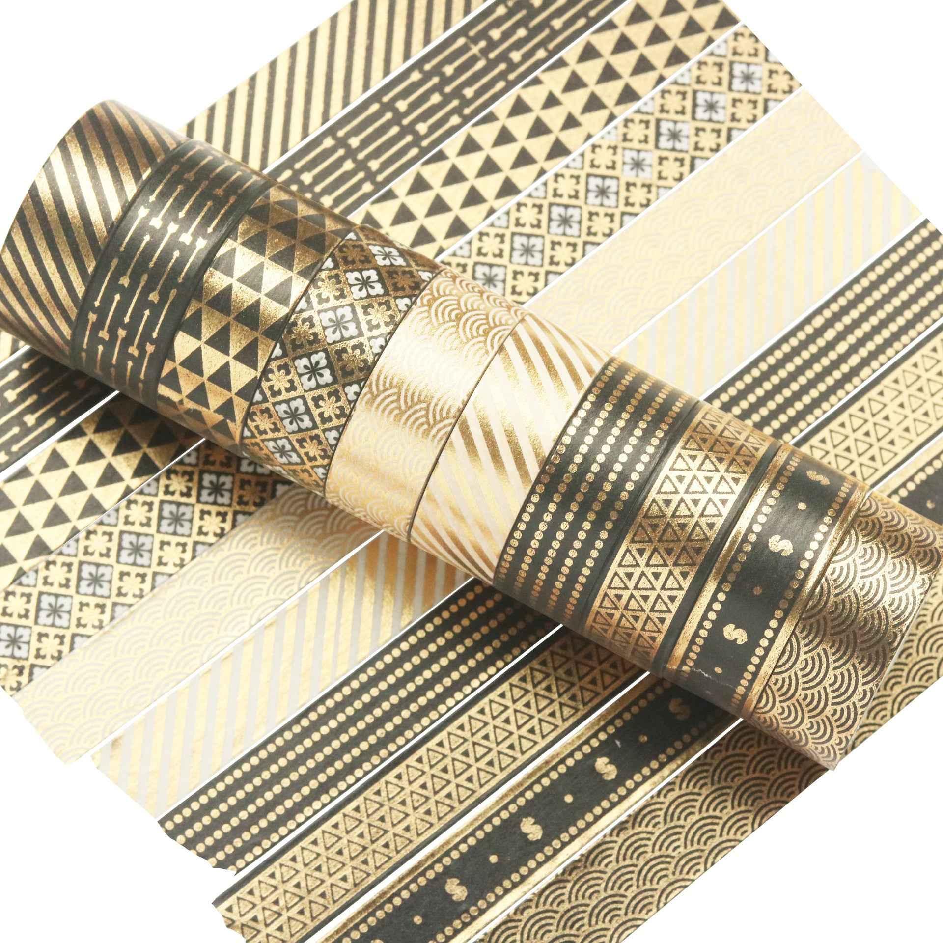 10 Rolls Black Gold Foil Print Washi Tape Set 15mm x 5m