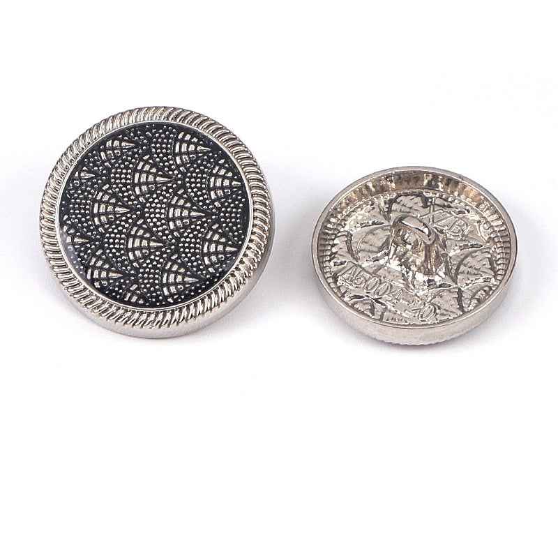 Fish-scale enamel shank buttons, silver rim black front and silver back
