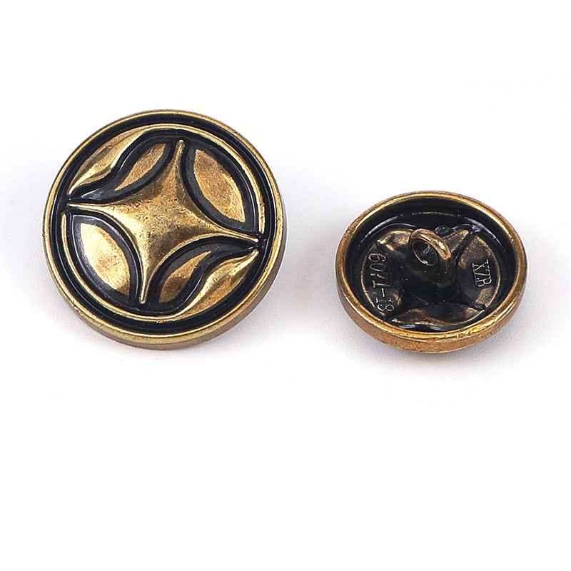 Four-point star metal shank sewing buttons, bronze with dark edge, front and back shown