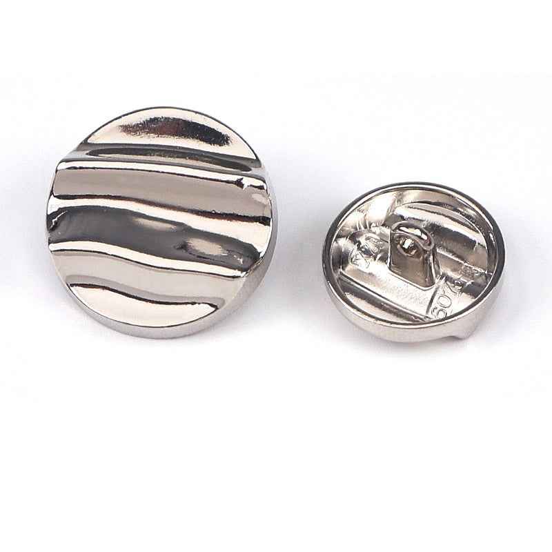 Silver crinkle wave metal shank button set, front and back close-up