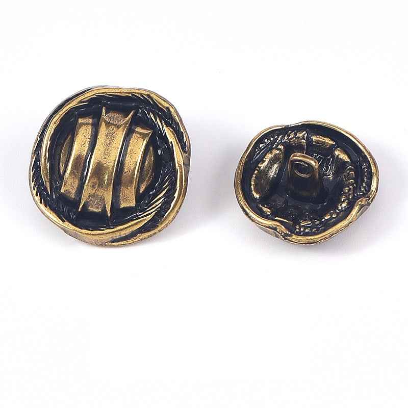 Textured stripe metal shank buttons, dark face with gold rim, 20 pcs