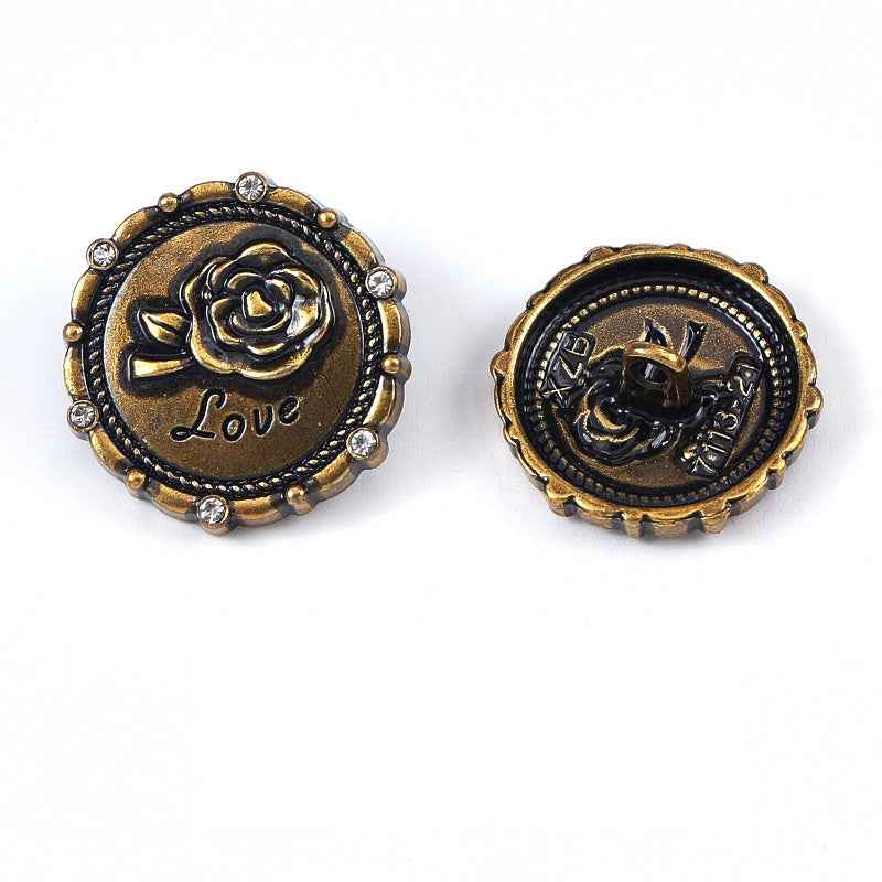 Antique gold round rose metal shank button, front rose "Love" with beaded rhinestone edge