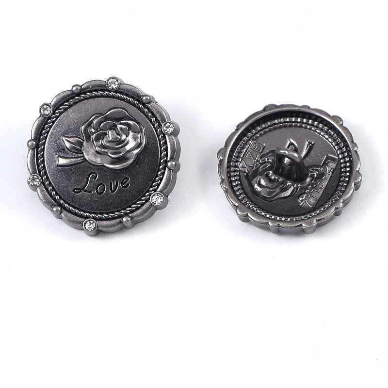 Antique silver round rose metal shank button, reverse side with engraved "Love" rose