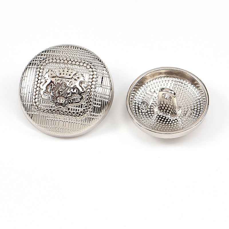 Silver speckled round metal shank buttons, embossed crest and horse motifs, two pieces