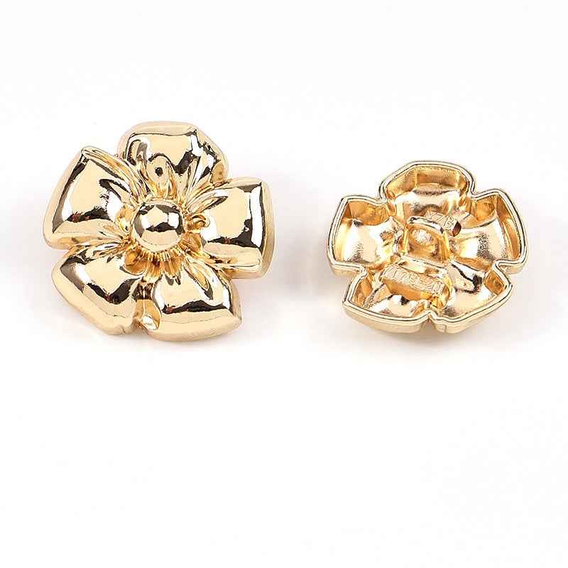 Gold floral metal shank button set, front and back view with raised flower detail