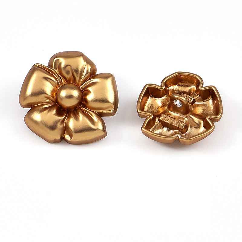 Gold-tone floral metal shank buttons, front and back view with raised flower design