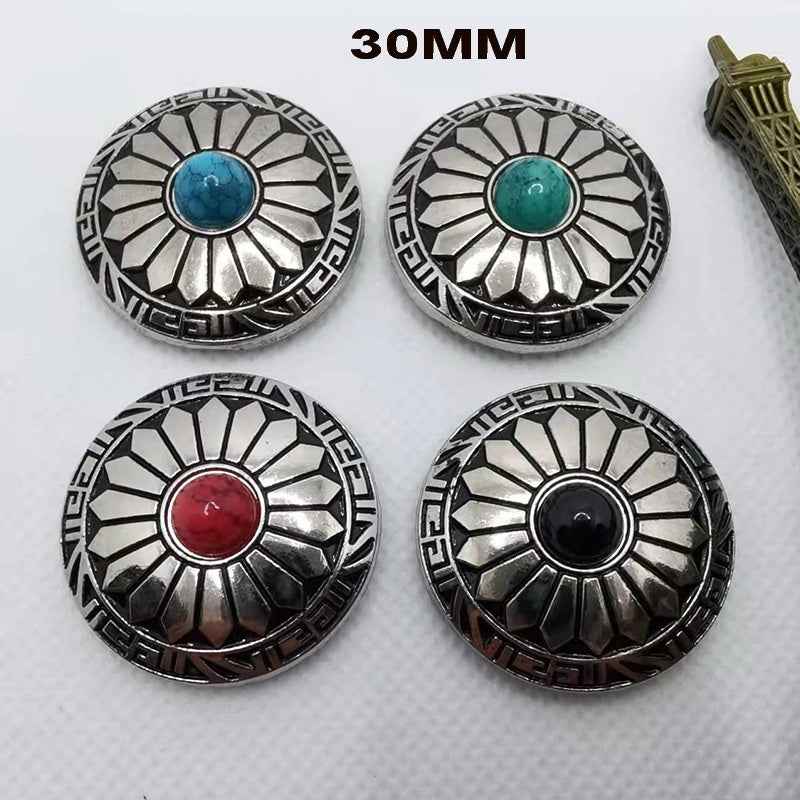 30mm round alloy button with turquoise cabochon and black-and-silver sunburst pattern