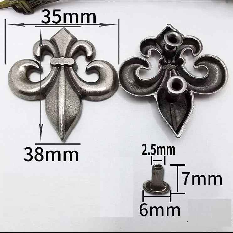 Fleur-de-lis stud rivets: 35mm width, 38mm height; post 7mm, base 6mm