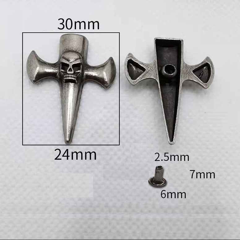 Silver skull cross rivet studs, 30pcs set, front and back views with small base