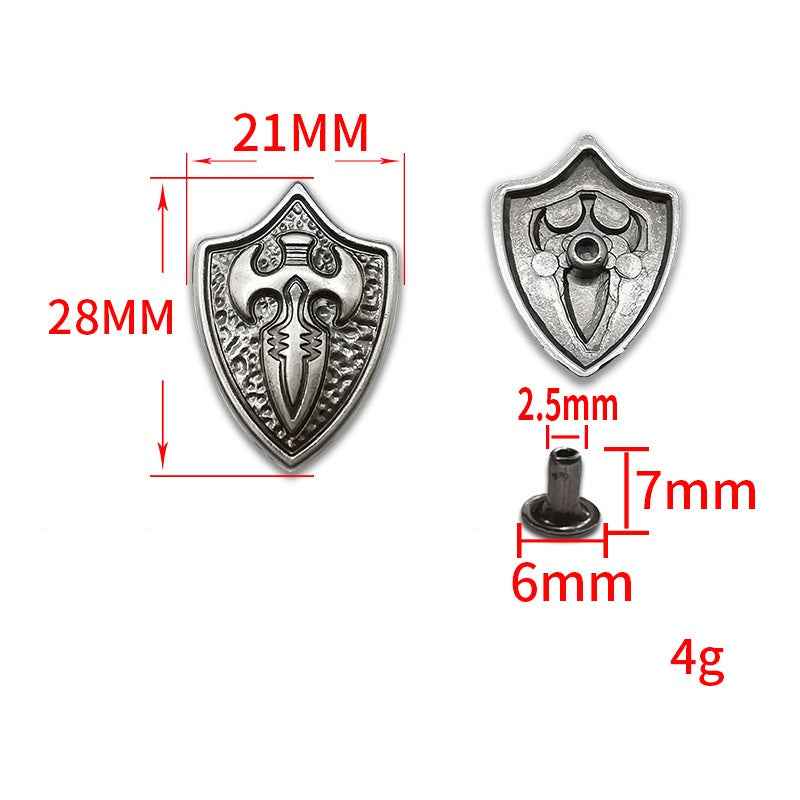 Maße Shield-Stud: 21×28 mm; Niet: 7 mm; Gewicht: 4 g