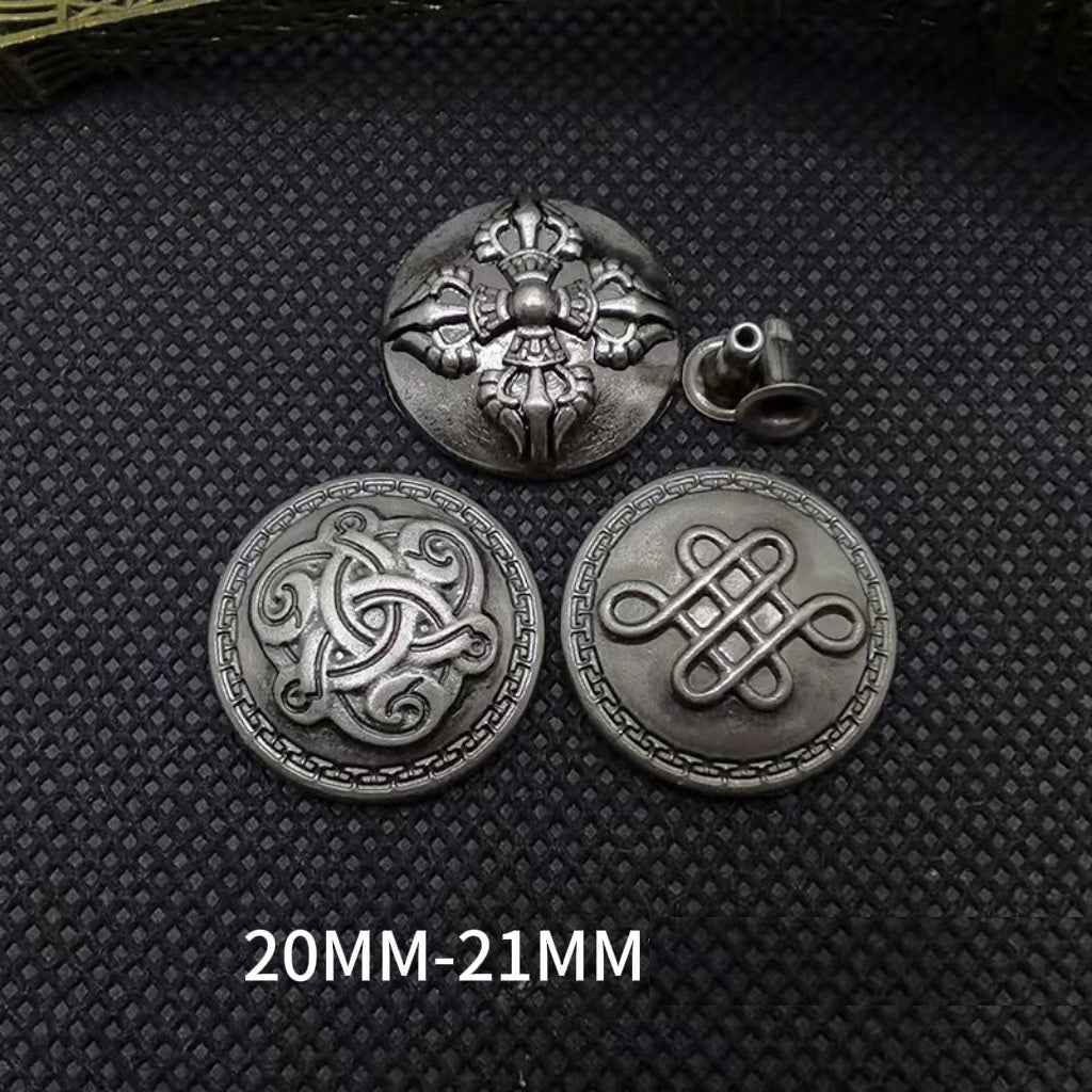 Round antique-silver cross rivet studs, 20–21 mm discs and metal posts