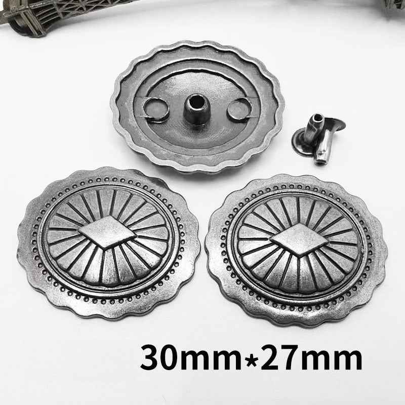 30x27mm antique silver arabesque rivet stud, scalloped sunburst design, 3-hole backplate