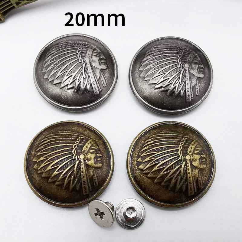 Indian head screw stud rivets, antique silver and bronze, round metal discs (20pcs)