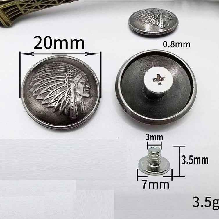Indian head screw stud rivets, antique silver and bronze, round metal discs (20pcs)