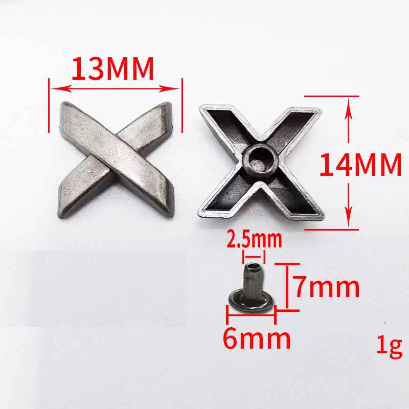 13mm antique silver X-shaped metal rivet studs for leather (2 shown)