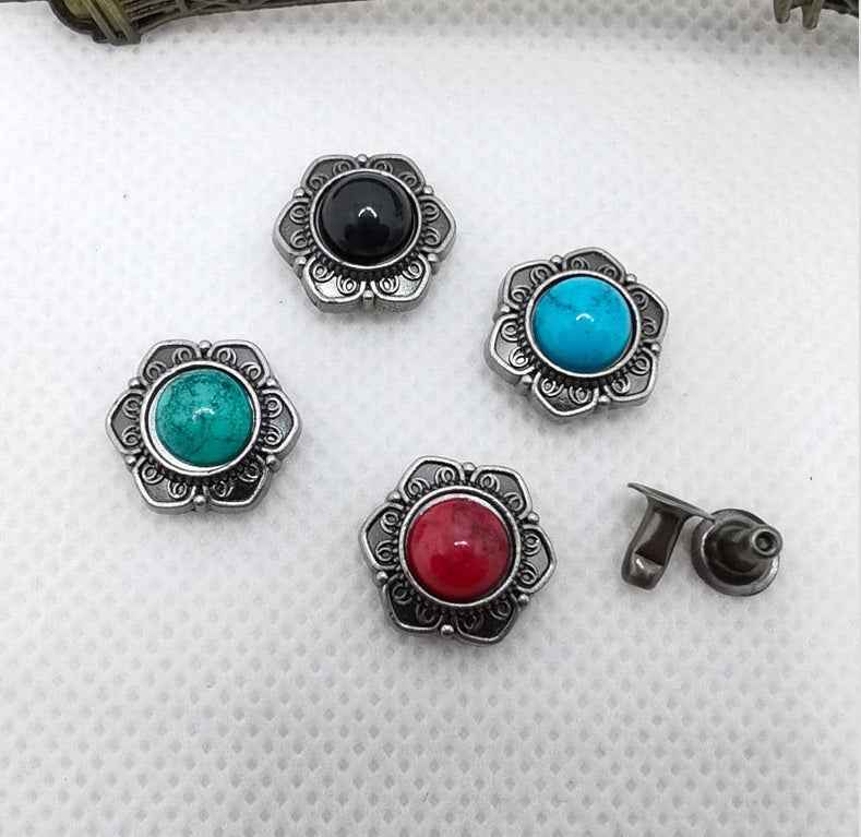Antique silver metal rivet studs with turquoise, blue, red, and black round stones