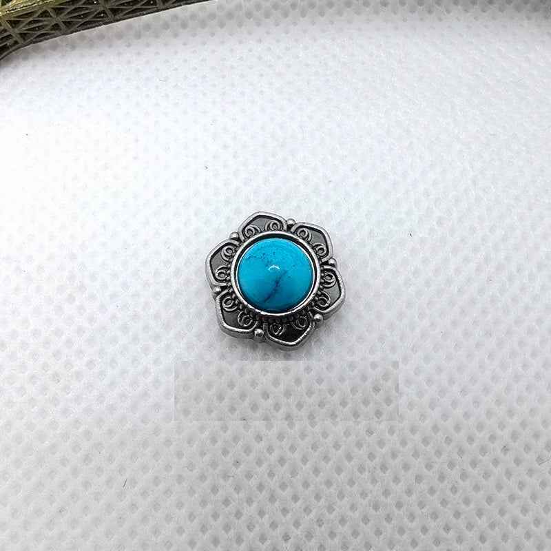 Antique silver metal rivet studs with turquoise, blue, red, and black round stones
