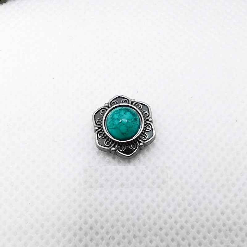 Antique silver rivet stud with teal/turquoise round stone and filigree trim