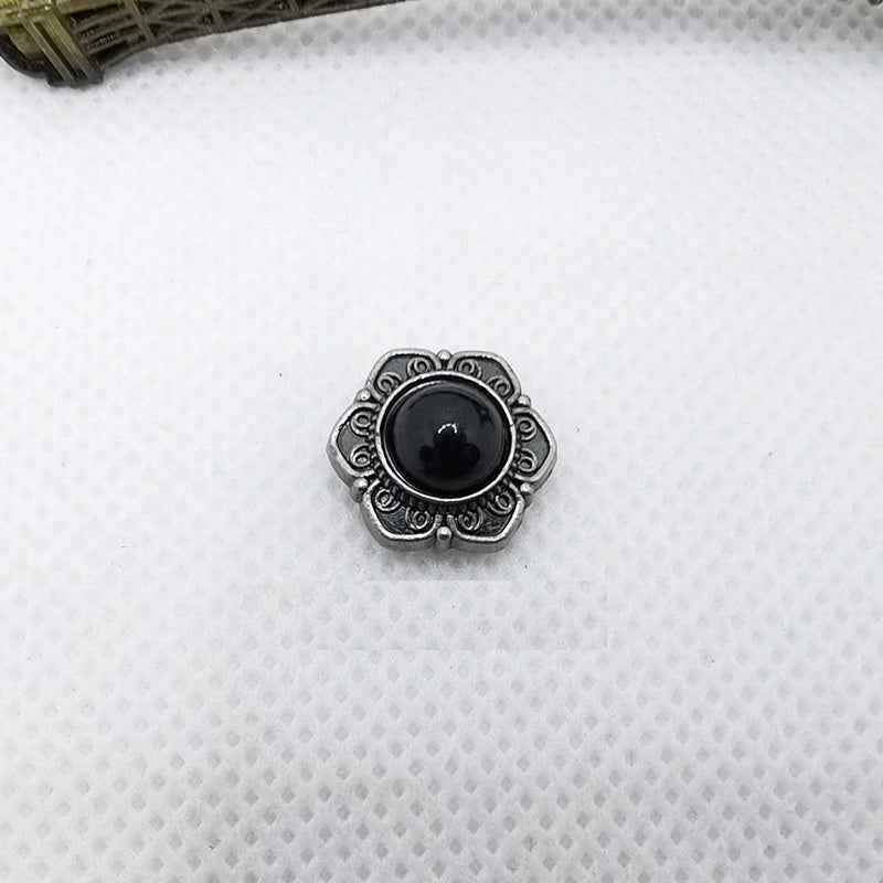 Antique silver rivet stud with black round stone and ornate filigree bezel