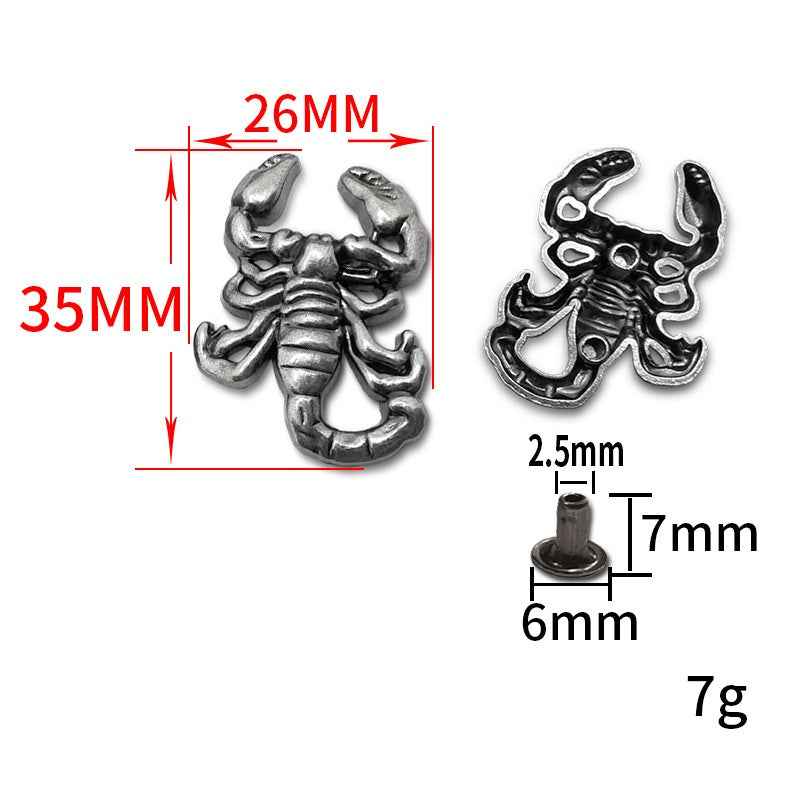 Antik silberfarbene Skorpion-Rivets, Metall-Studs mit Dorn, 35x26mm