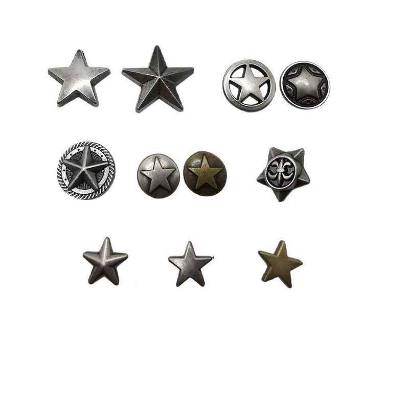 Stern-Studs aus Metall, silbern, flache Punk-Spikes mit variierter Sternform