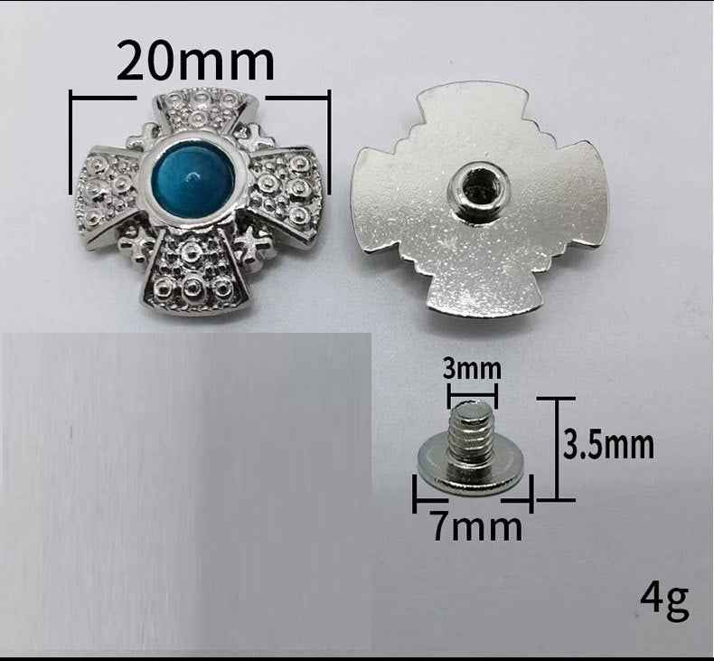 20MM Punk belt cross rivet stud, zinc alloy, blue cabochon center