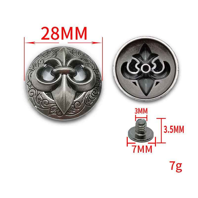 Spearhead screw stud: 28mm round face with 7mm screw post, front and back shown
