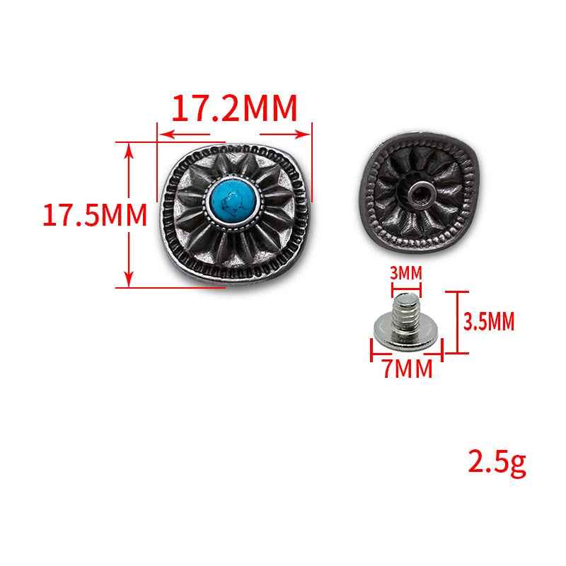 Antique floral turquoise screw studs, silver round bezels; four pairs shown