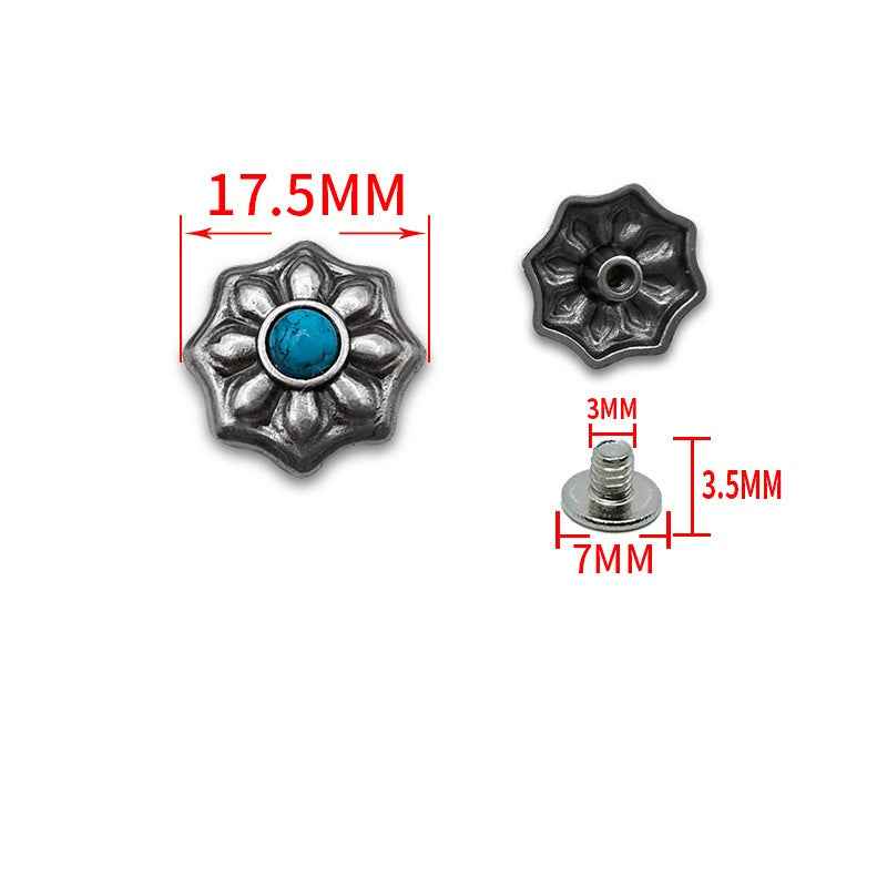 Floral turquoise screw stud rivets, antique silver alloy, with bases (20-pack)
