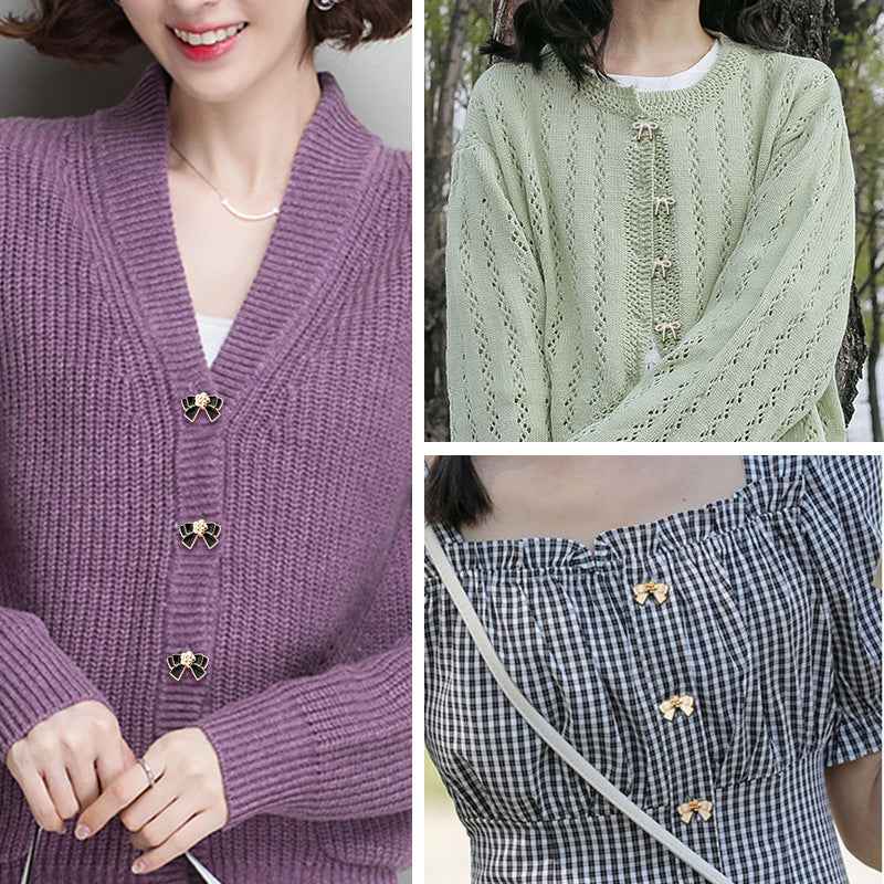 Bow tie metal buttons styled on a purple cardigan and a green knit top