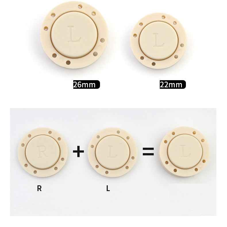 Beige magnetische Rundknöpfe mit R- und L-Markierung, 22 mm und 26 mm