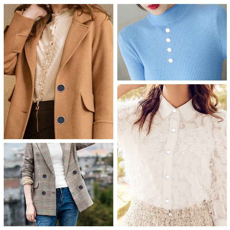 Round alloy shank buttons on coat and shirt fronts, white and black