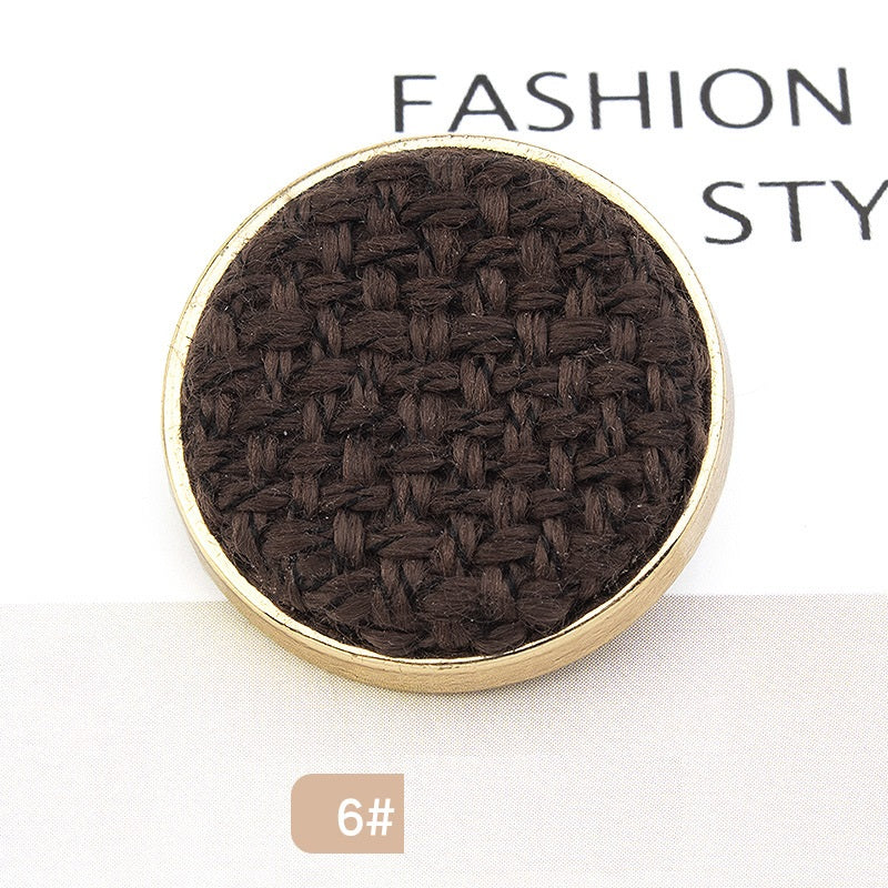 Dark brown fabric-covered textured metal button, slim edge, 18/21/25mm