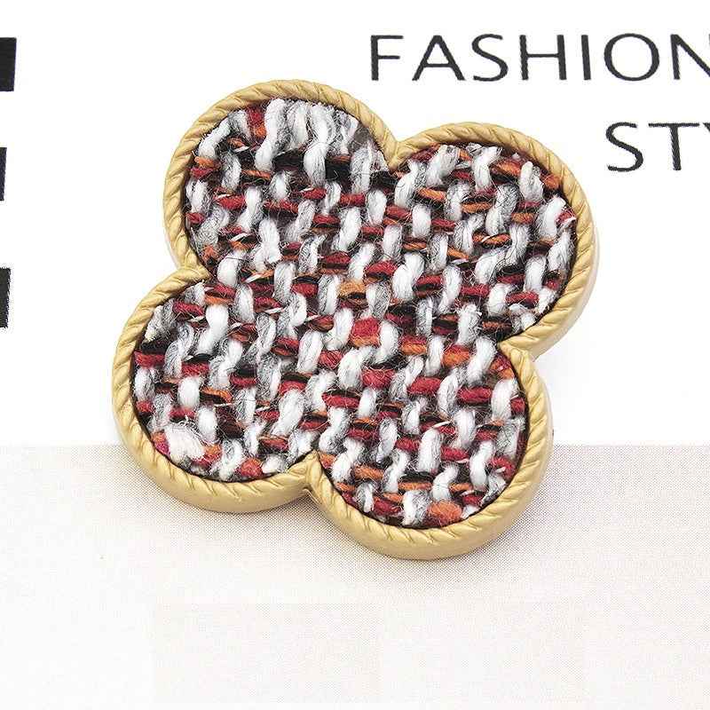 25mm floral fabric-covered button, red and white plaid pattern, textured metal shank