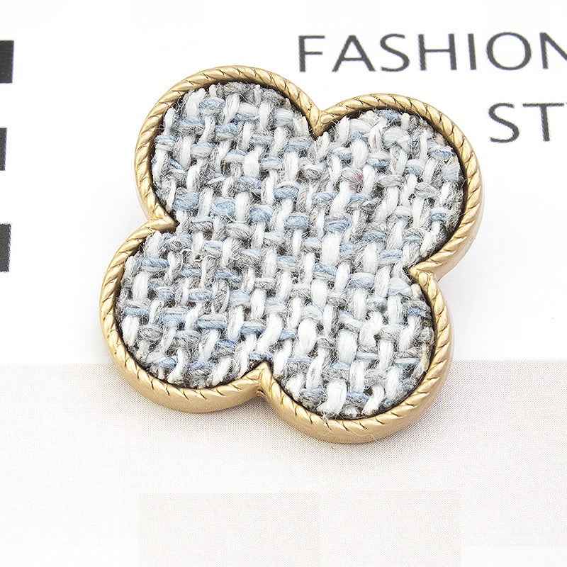 25mm floral fabric-covered button, light blue and white plaid pattern, textured metal shank