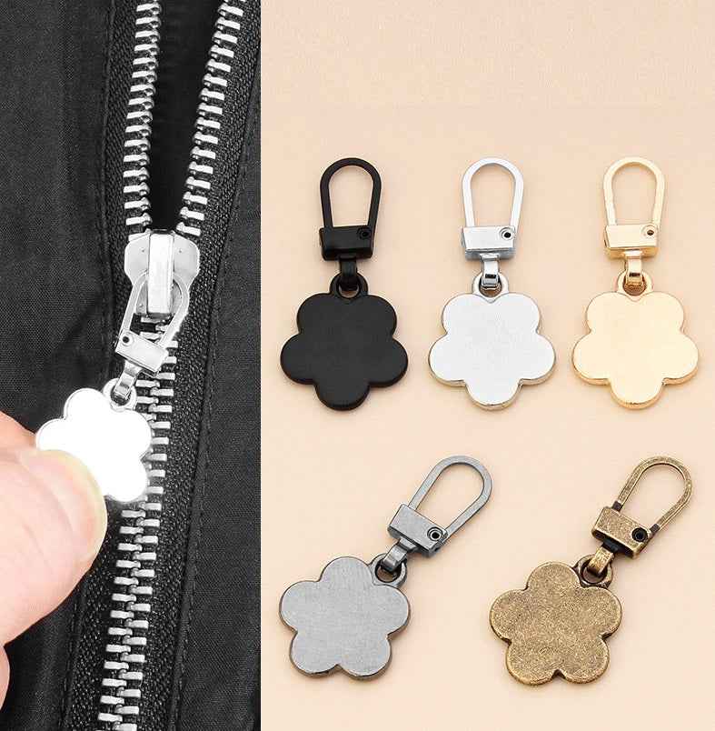 Detachable flower-shaped zipper pull sliders, metal charms in black, white, gold (set of 15)