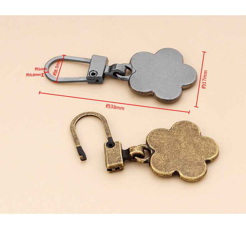 38mm x 17mm detachable flower zipper pull sliders, metal clip with loop, 15pcs